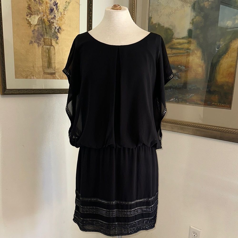 SLNY Dress - Black Dress with Silver Beaded Details Size 18